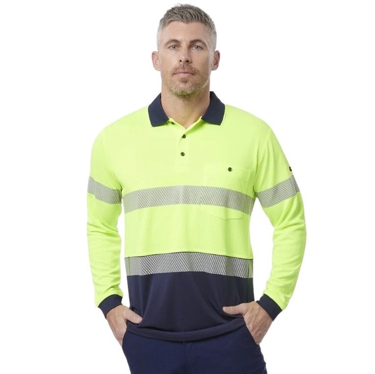 Man wearing a high-visibility yellow and navy long-sleeve shirt with reflective stripes on a white background