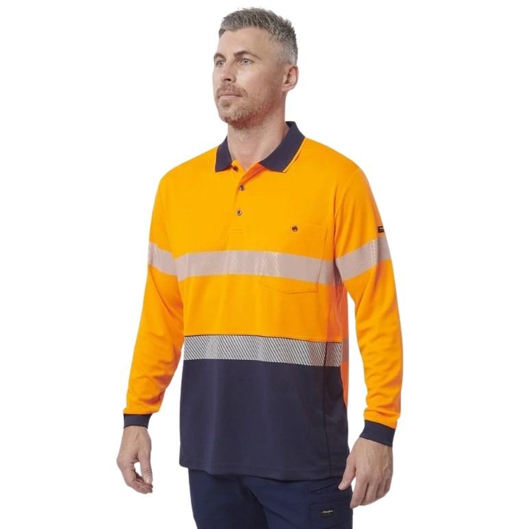 Man wearing a high-visibility orange and navy work shirt on a white background