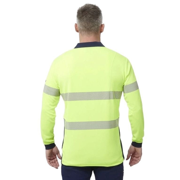 Person wearing a bright yellow long-sleeve shirt with reflective stripes on a white background