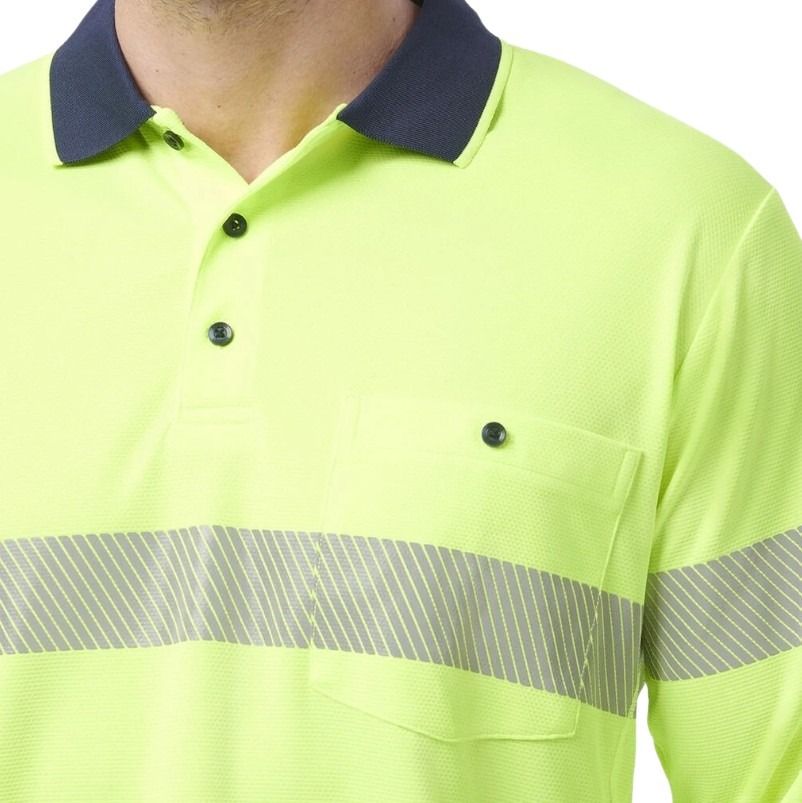 Yellow safety polo shirt with reflective stripes on a white background