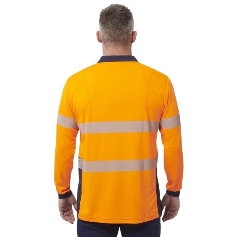 Person wearing an orange long-sleeve shirt with reflective stripes on a white background