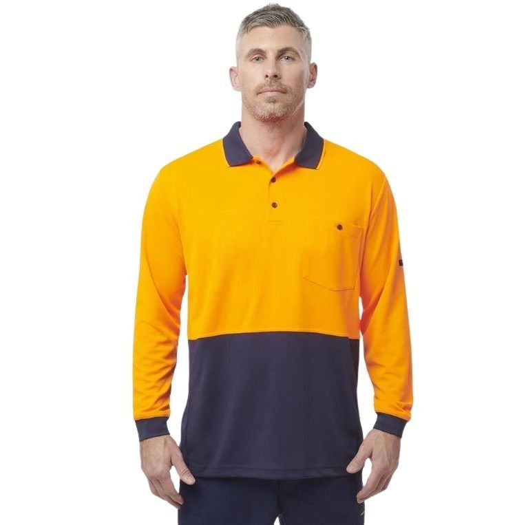 Orange and navy spliced long sleeve polo shirt with one pocket and button down on a white background