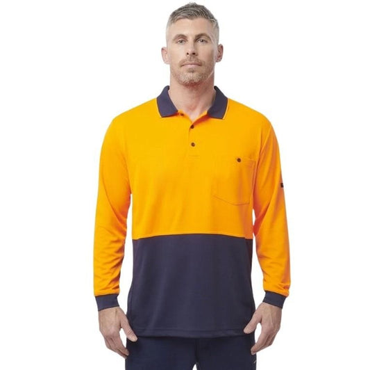 Orange and navy spliced long sleeve polo shirt with one pocket and button down on a white background