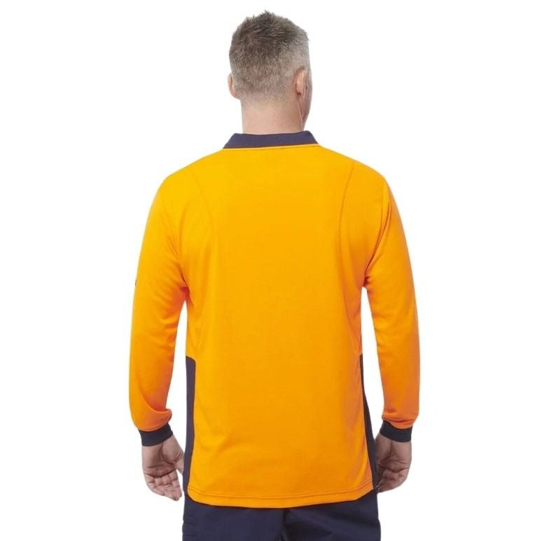 Orange and navy spliced long sleeve polo shirt with one pocket and button down on a white background