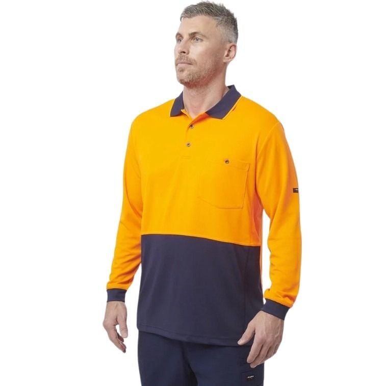 Orange and navy spliced long sleeve polo shirt with one pocket and button down on a white background
