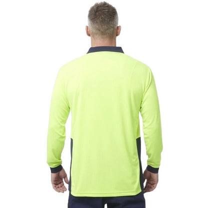 yellow and navy spliced long sleeve polo shirt with one pocket and button down on a white background