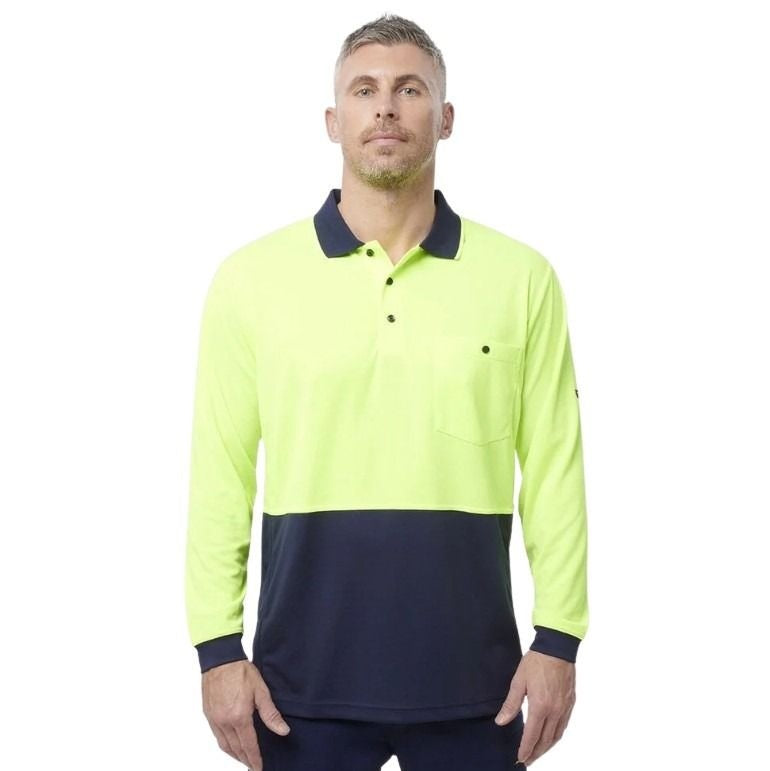 yellow and navy spliced long sleeve polo shirt with one pocket and button down on a white background