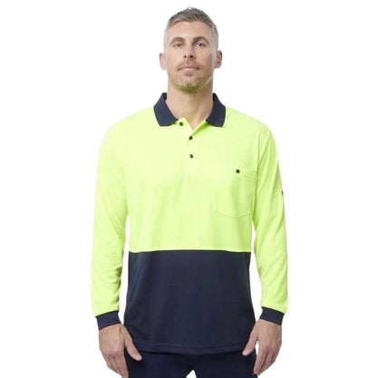 yellow and navy spliced long sleeve polo shirt with one pocket and button down on a white background