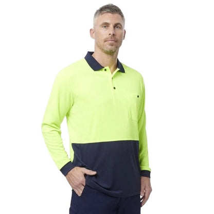 yellow and navy spliced long sleeve polo shirt with one pocket and button down on a white background