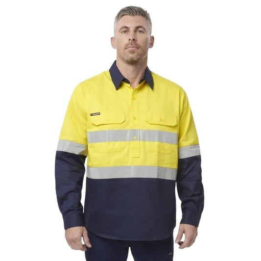 Man in Yellow spliced shirt with reflective tape brand name king gee on white background with two front pockets and half button placard