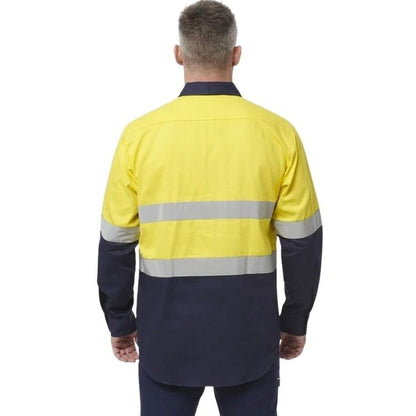 Man in Yellow spliced shirt with reflective tape brand name king gee on white background