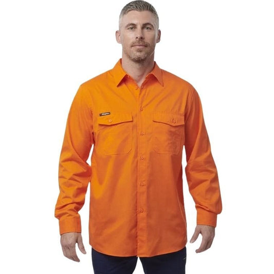 Man in Orange workshirt on white background with king gee brand logo