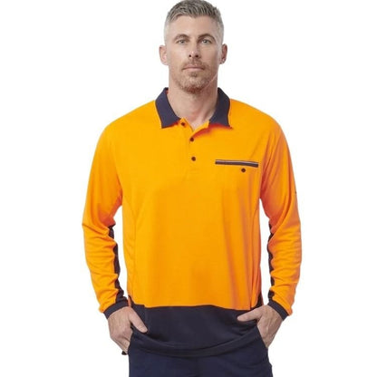 orange and black spliced polo on white background