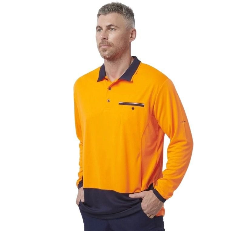 orange and black spliced polo on white background