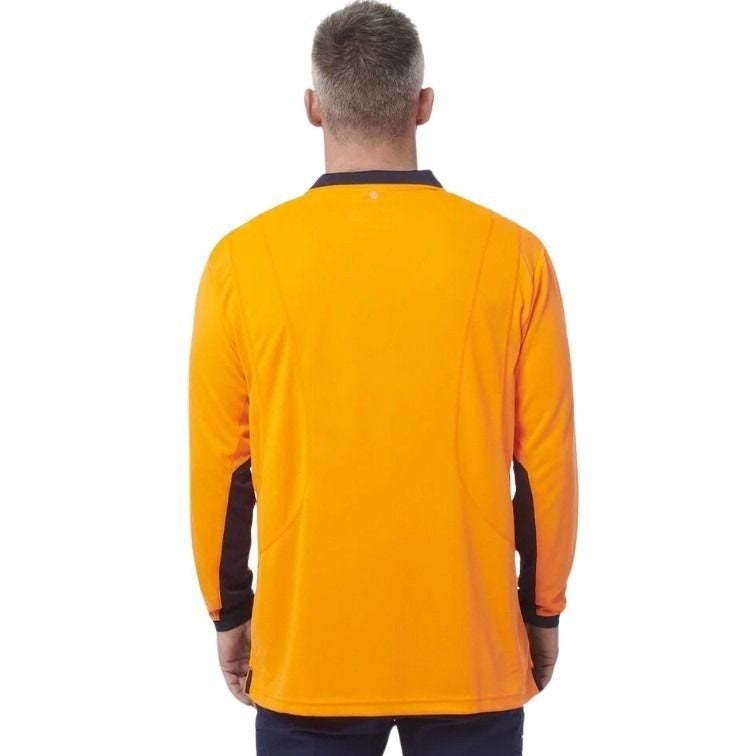 orange and black spliced polo on white background