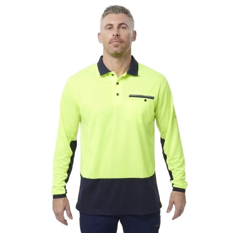 yellow and black spliced polo on white background