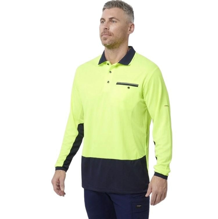 yellow and black spliced polo on white background