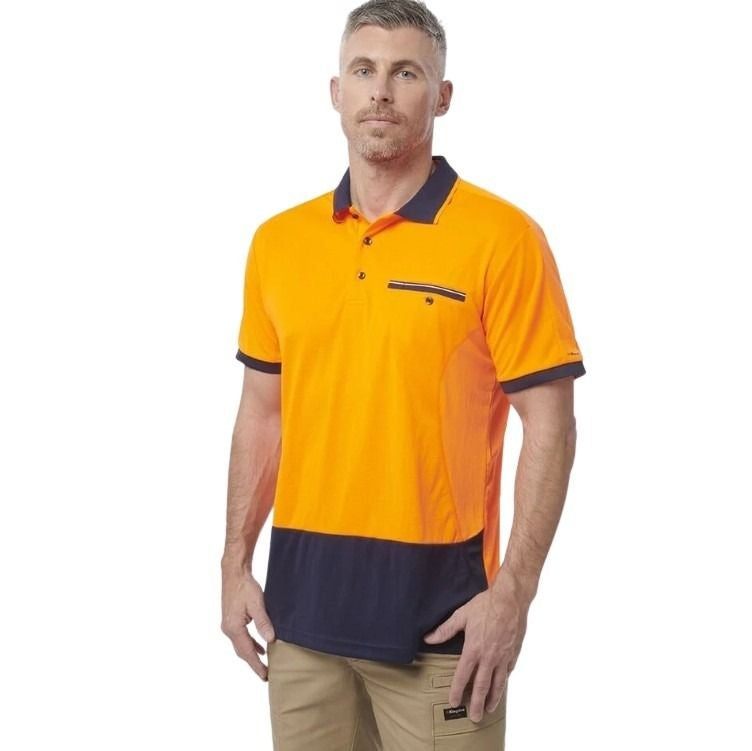 Orange and navy spliced work polo on white background