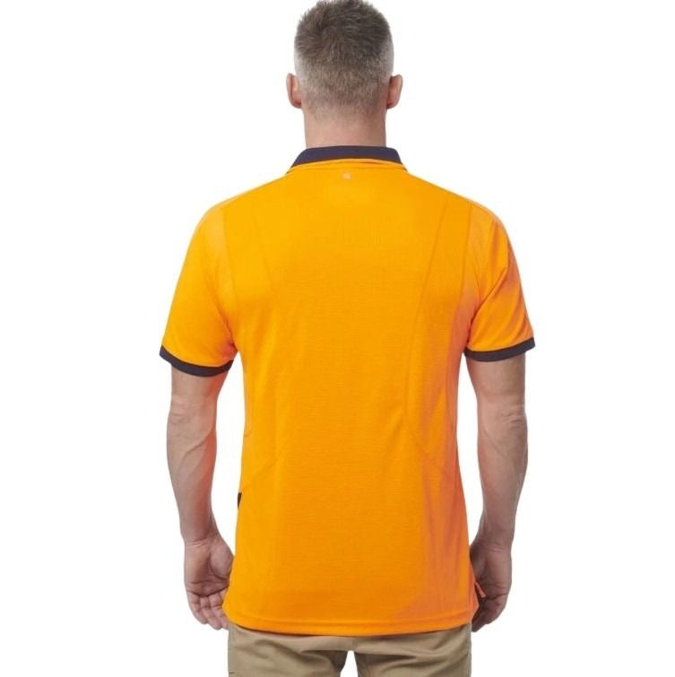 Orange and navy spliced work polo on white background