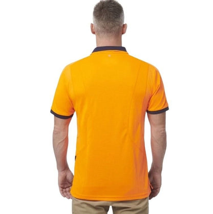 Orange and navy spliced work polo on white background