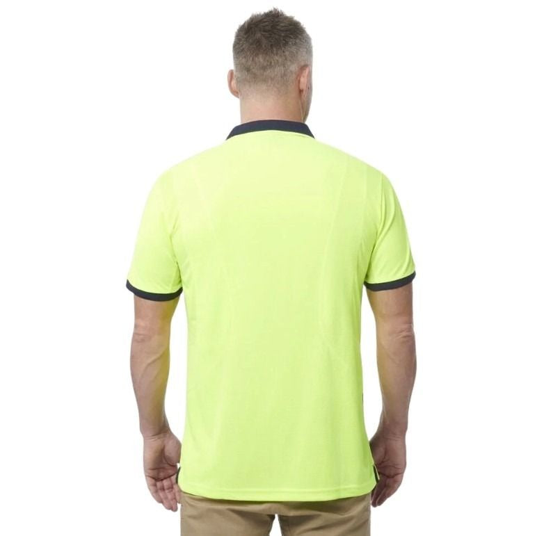 Yellow and navy spliced work polo on white background