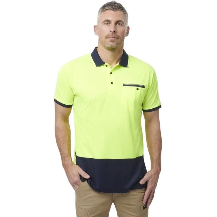 Yellow and navy spliced work polo on white background