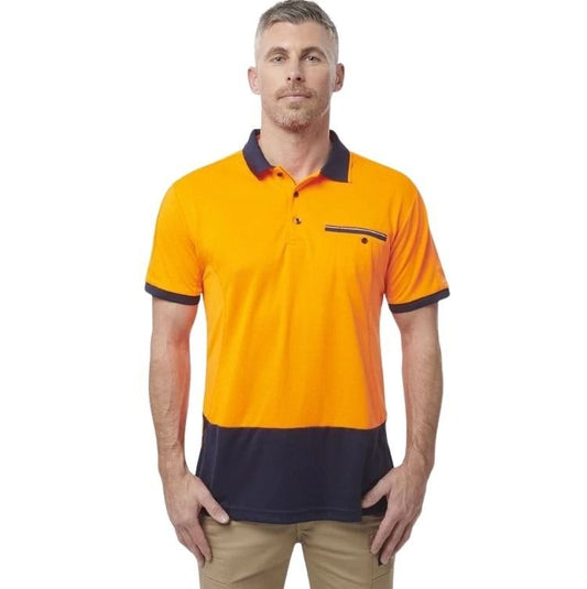 Orange and navy spliced work polo on white background
