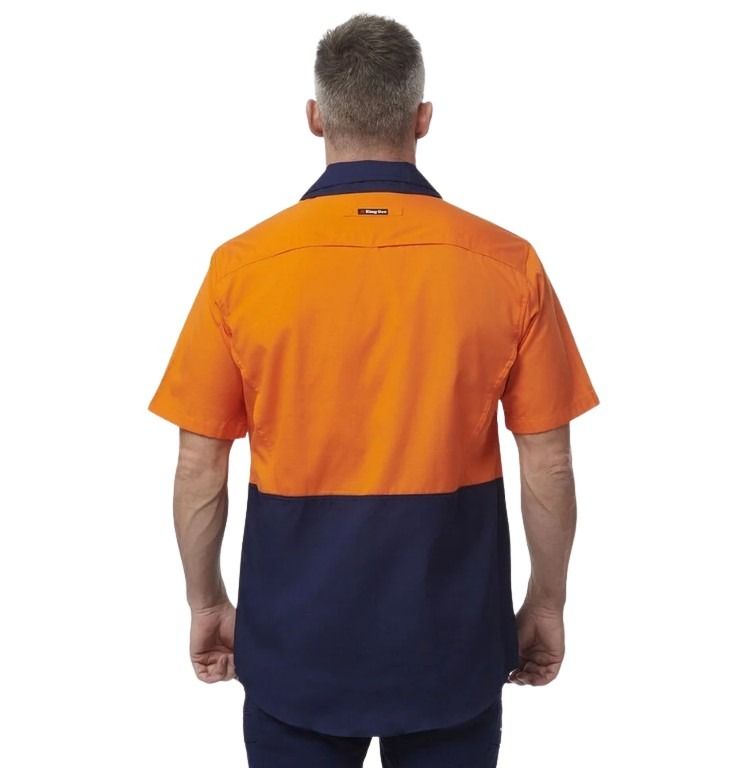 Spliced workshirt orange and navy on white background