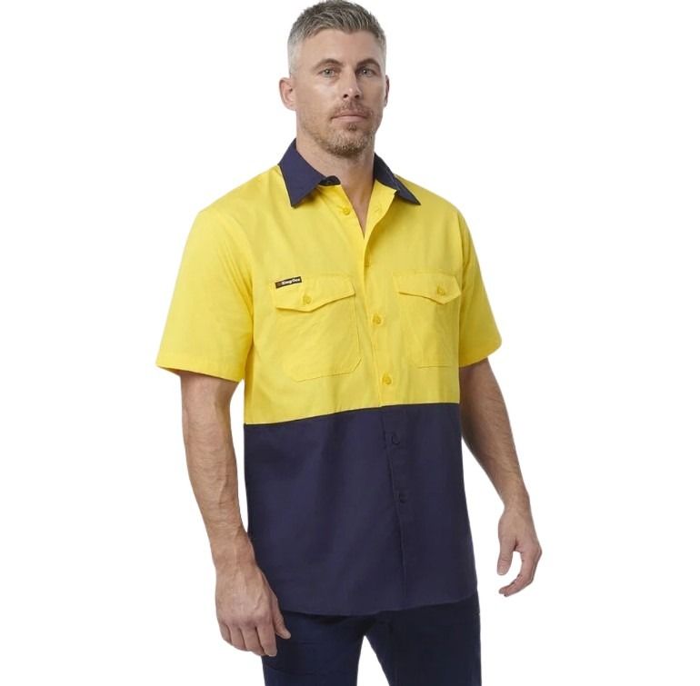 Spliced workshirt yellow and navy on white background