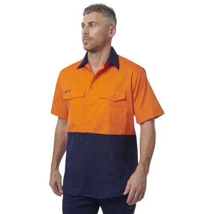 Spliced workshirt orange and navy on white background