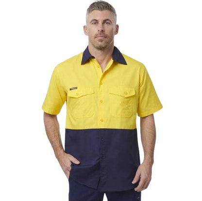 Spliced workshirt yellow and navy on white background