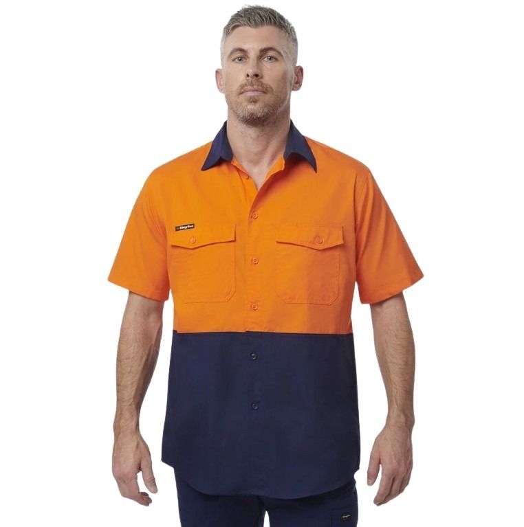 Spliced workshirt orange and navy on white background