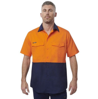 Spliced workshirt orange and navy on white background