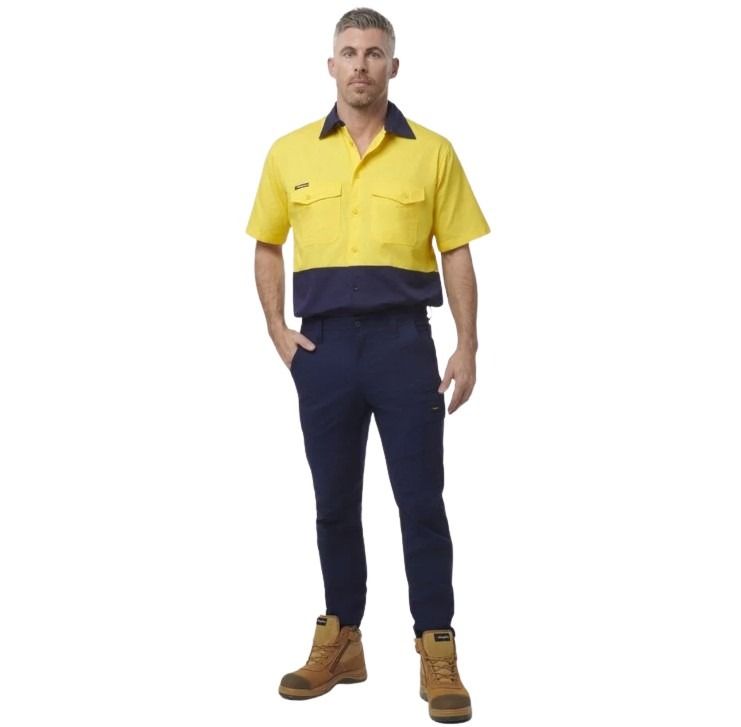 Spliced workshirt yellow and navy on white background