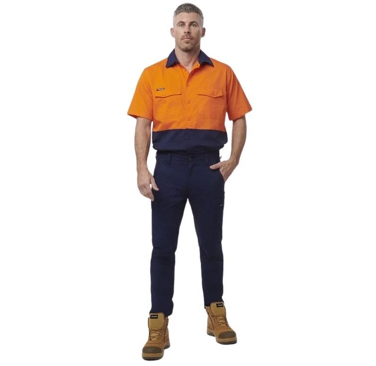 Spliced workshirt orange and navy on white background