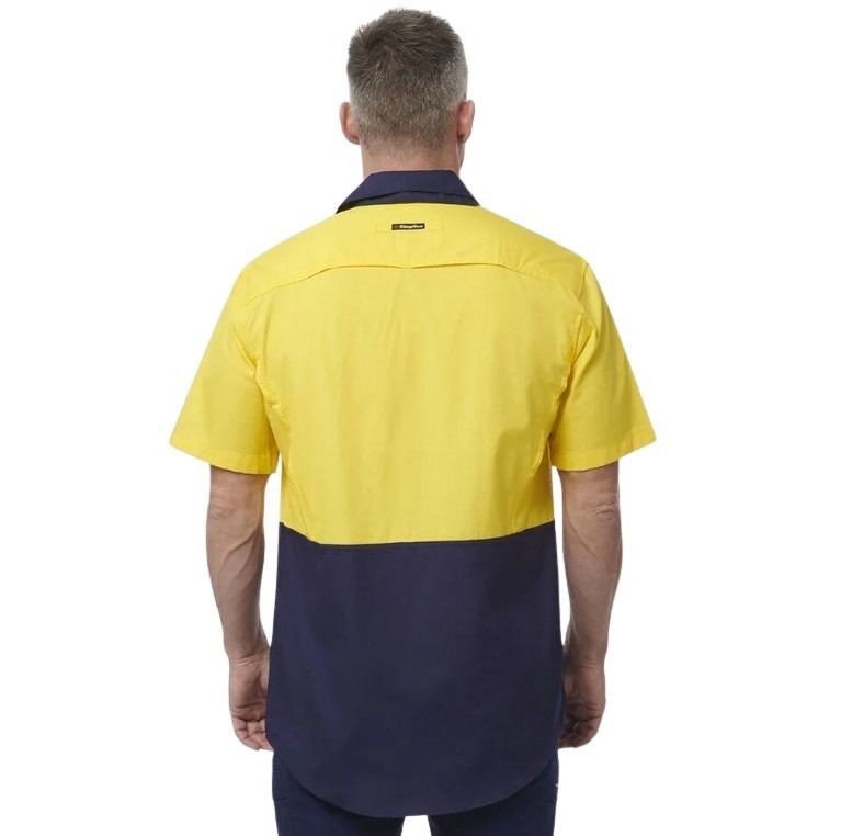 Spliced workshirt yellow and navy on white background