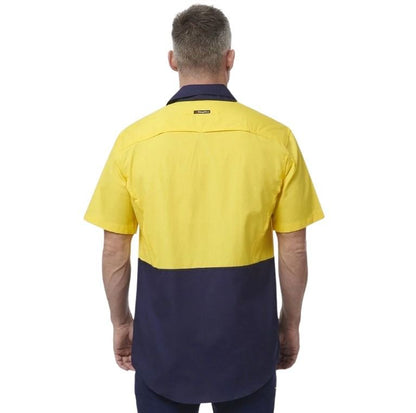 Spliced workshirt yellow and navy on white background