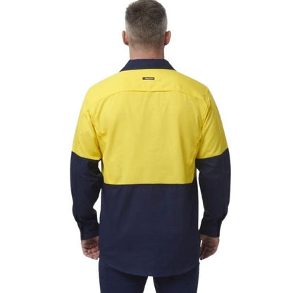 Spliced yellow and navy shirt on a white background