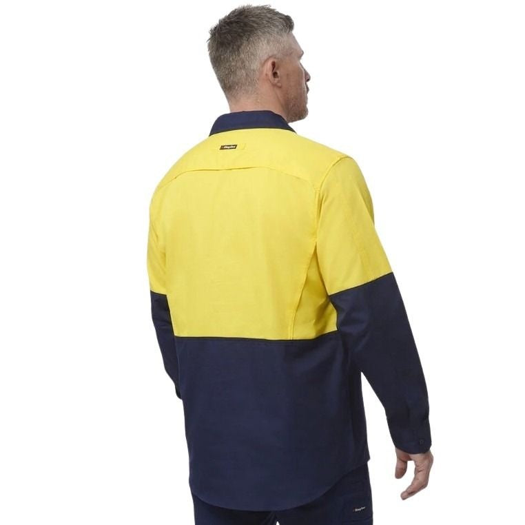 Spliced yellow and navy shirt on a white background