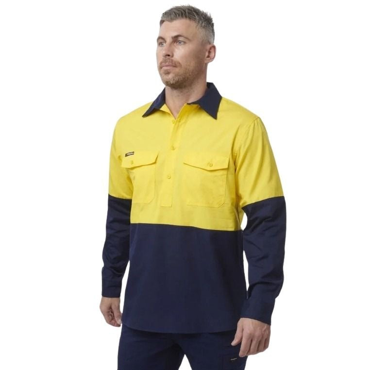 Spliced yellow and navy shirt on a white background