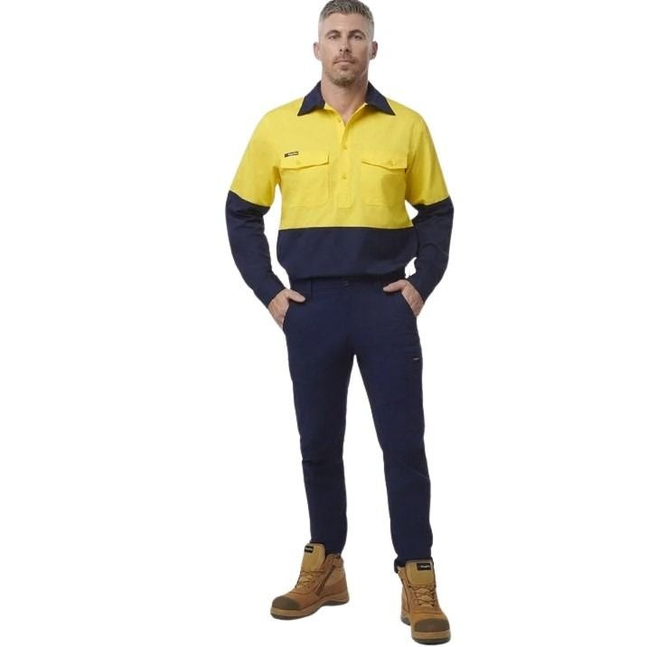 Spliced yellow and navy shirt on a white background