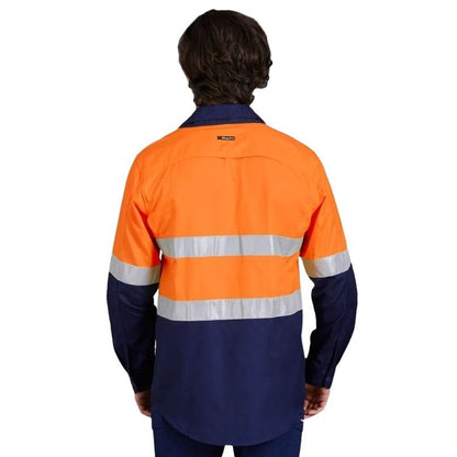 Person wearing an orange and navy high-visibility work shirt on a white background