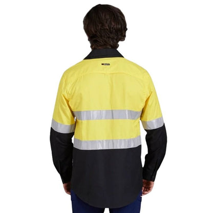 Person wearing a high-visibility yellow and black work shirt with reflective stripes on a white background