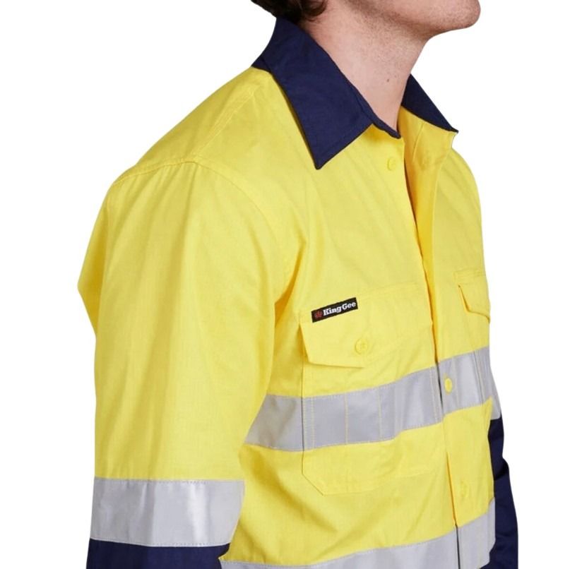 Yellow work shirt with reflective stripes and a brand logo on a white background