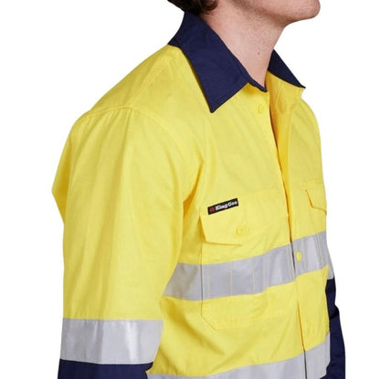 Yellow work shirt with reflective stripes and a brand logo on a white background