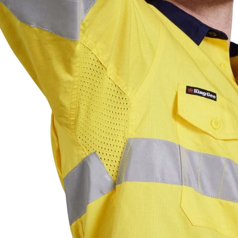 Yellow safety jacket with reflective stripes and King Gee branding on a white background