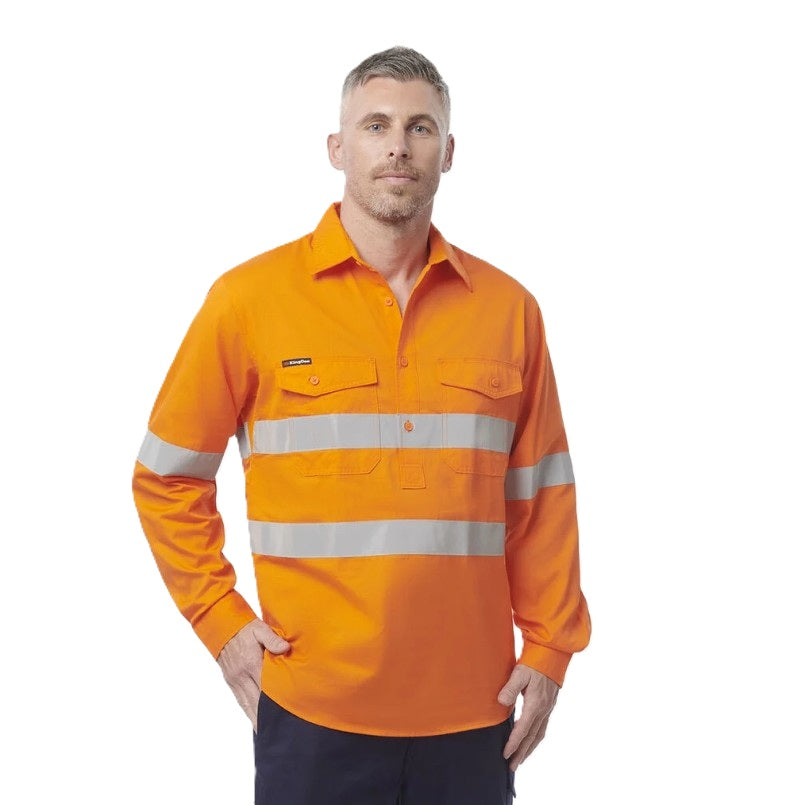 Man wearing an orange high-visibility work shirt on a white background