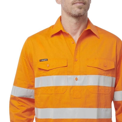 Orange work shirt with reflective stripes on a white background