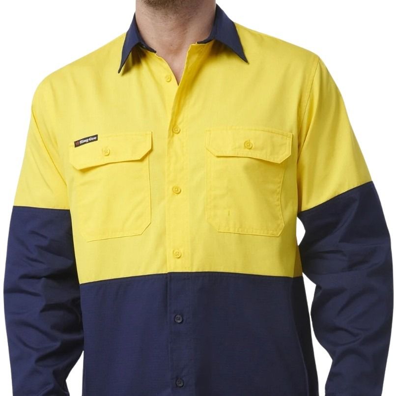 Yellow and navy work shirt with a brand logo on a white background