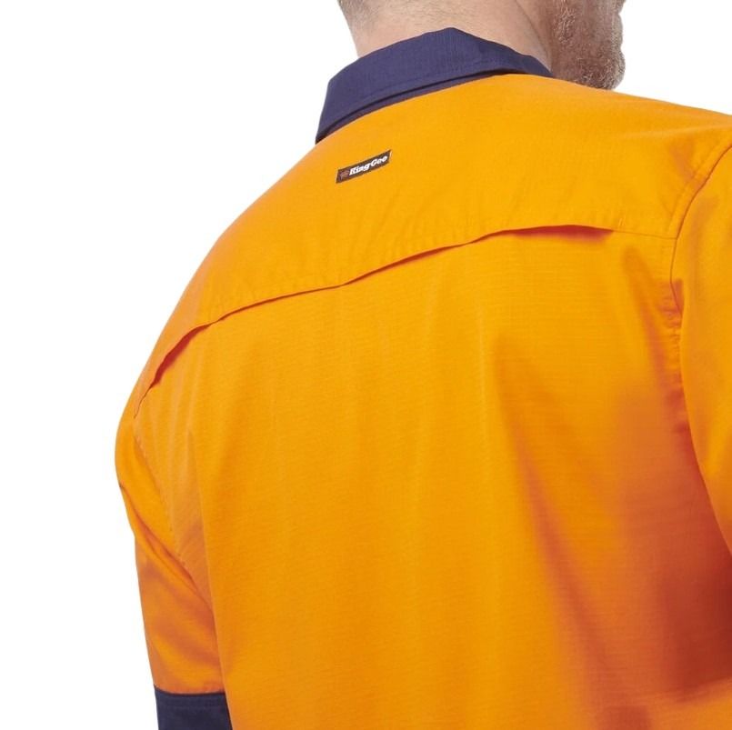 Orange work shirt with a brand logo on a white background